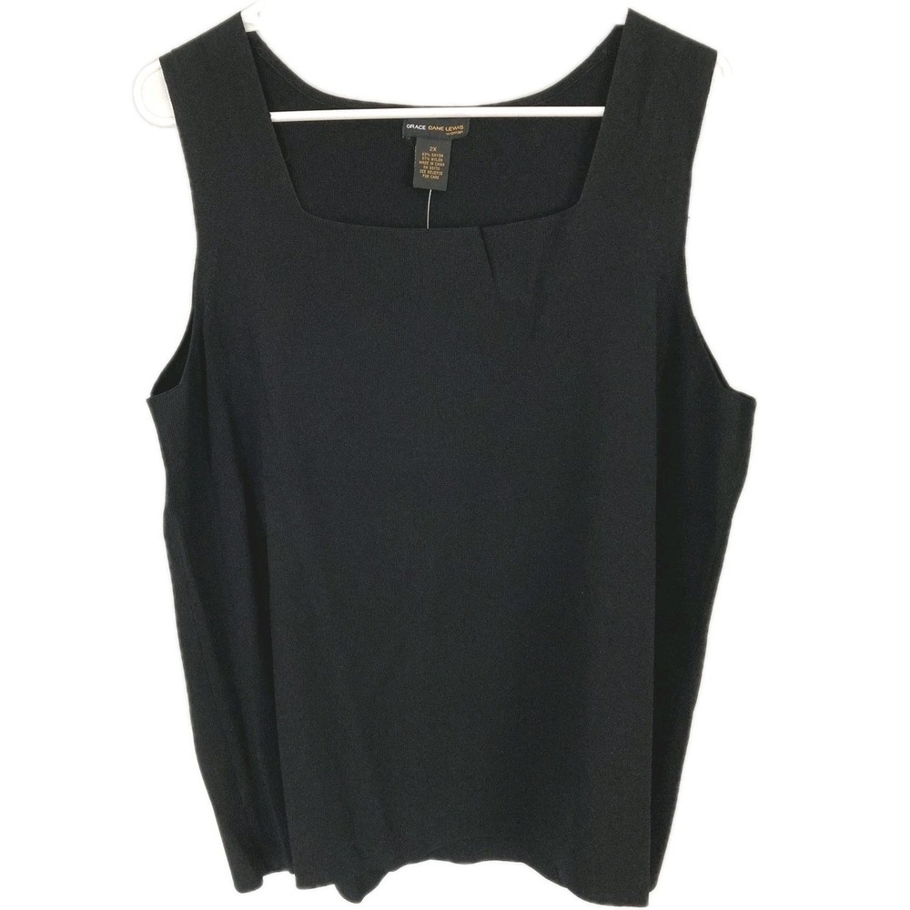 Grace Dane Lewis Tank Top Womens 2X Blk Square Neck Knit Stretch Basic Shell NWT